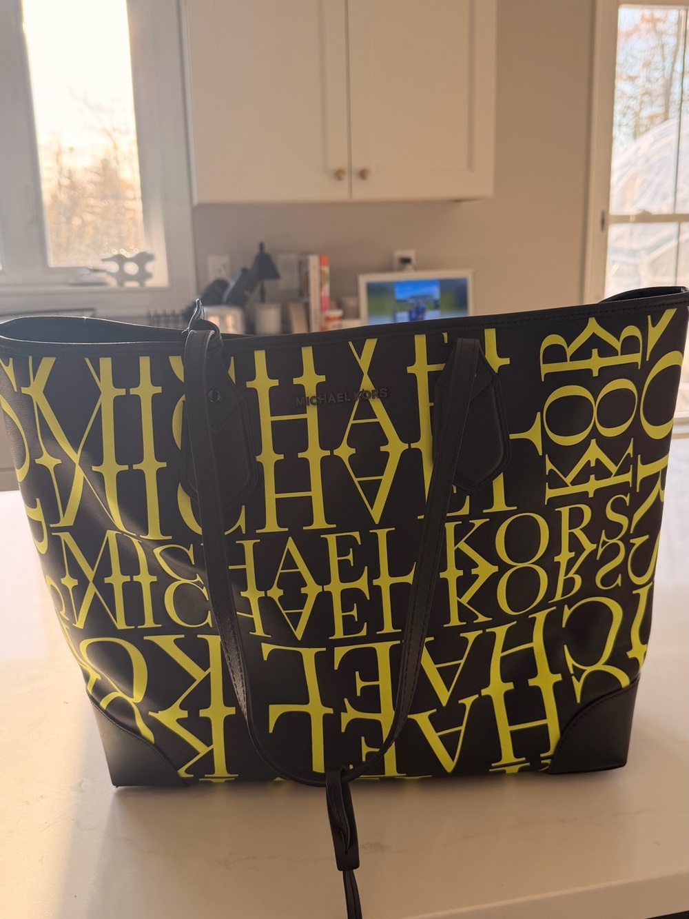 Michael Kors Black Tote with Neon Yellow Signature Logo